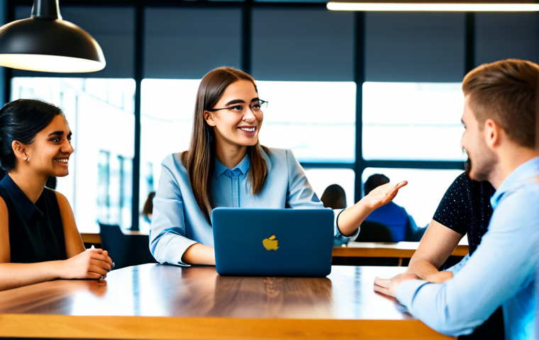 A small, diverse group of young, professional individuals, fully clothed in modest, modern business casual attire. They are seated around a sleek, collaborative table, actively engaged in a lively discussion. One person is gesturing towards a laptop screen displaying a clean, abstract social media interface, while others are listening attentively and contributing. Their expressions are open, friendly, and genuinely engaged, reflecting a sense of community and shared purpose. The setting is a brightly lit, contemporary co-working space or a professional cafe with large windows. The background is slightly blurred to keep focus on the subjects, but hints at a vibrant, active environment. Perfect anatomy, correct proportions, natural poses. High-resolution, professional photography style, sharp focus, vibrant colors, soft lighting. Safe for work, appropriate content, fully clothed, professional, family-friendly.
