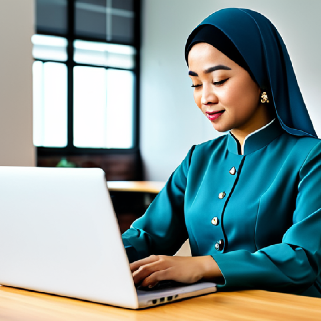 인플루언서 협업을 위한 캠페인 계획 수립 - "A professional Malaysian businesswoman in a modest baju kurung, working on a laptop in a bright, mo...