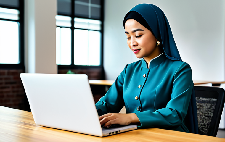 인플루언서 협업을 위한 캠페인 계획 수립 - "A professional Malaysian businesswoman in a modest baju kurung, working on a laptop in a bright, mo...