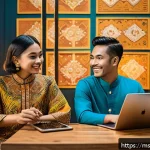 Home 19 인플루언서 협업 프레임워크의 성공적인 실행 사례 - A vibrant scene of two Malaysian influencers collaborating in a cozy, modern studio decorated with t...