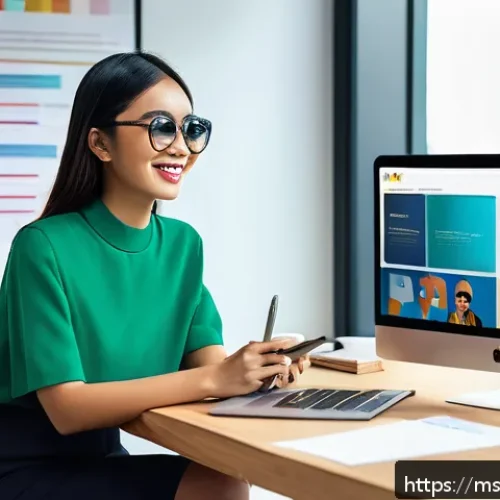 Home 17 인플루언서 협업에서의 커뮤니케이션 전략 - A vibrant digital marketing workspace featuring a young Malay influencer in stylish casual wear, sit...
